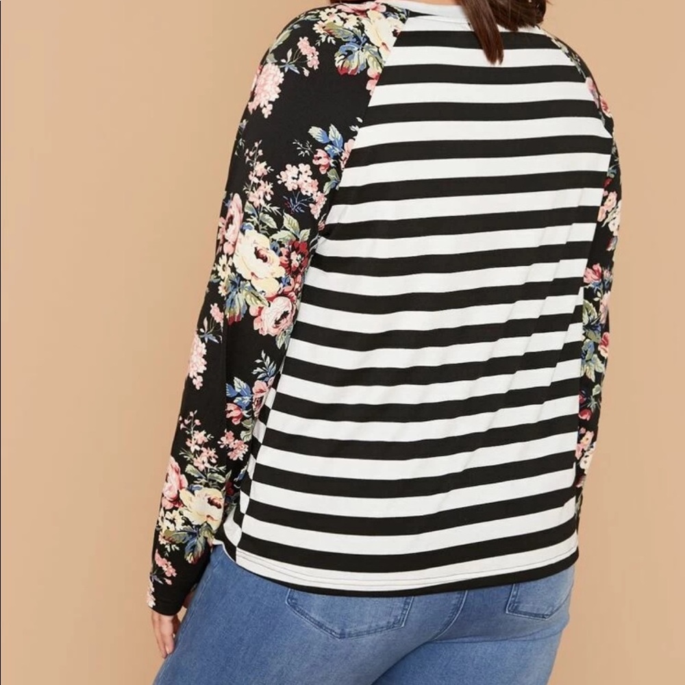 PLUS floral print raglan long sleeves striped tee - Picture 2 of 5